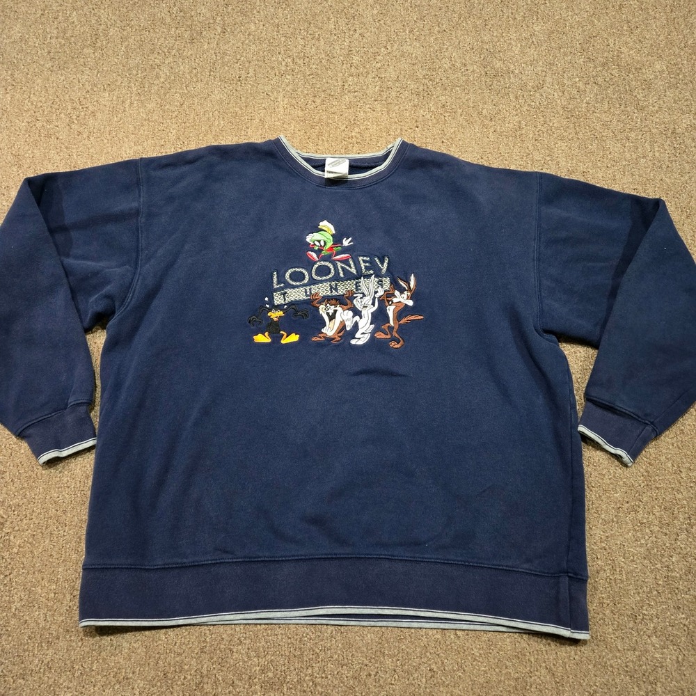 Vintage Looney Tunes Sweatshirt Mens XL Navy Blue Embroidered Taz Daffy Bugs